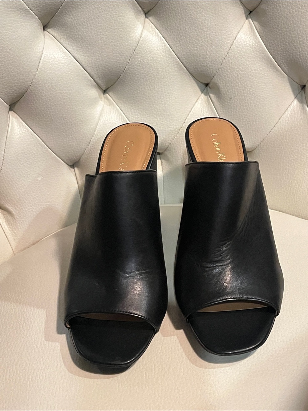 Calvin Klein Black Leather Open-Peep Block Heel Mules - Picture 4 of 14
